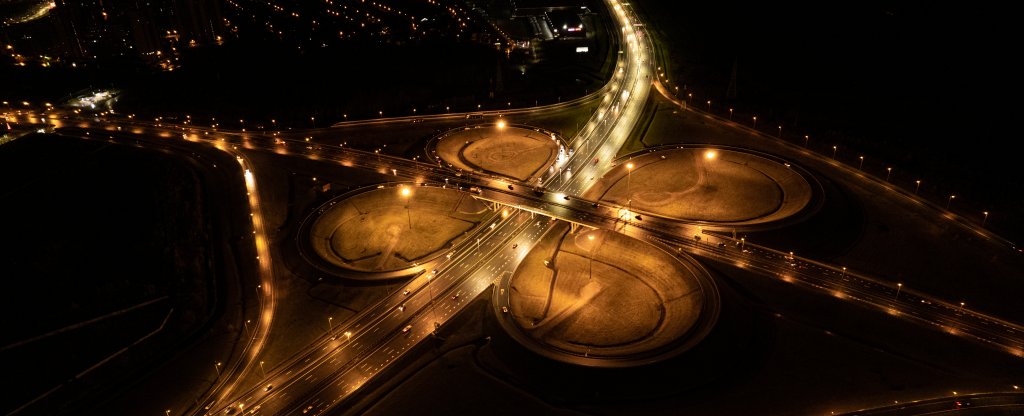 Ночная развязка КАД у мега Парнас в СПб, Санкт-Петербург - Фото с квадрокоптера